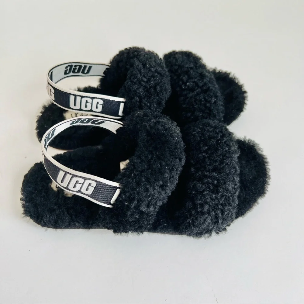 KIDS UGG OH YEAH BLACK SHERPA SANDALS SLIDE SLIPPER
